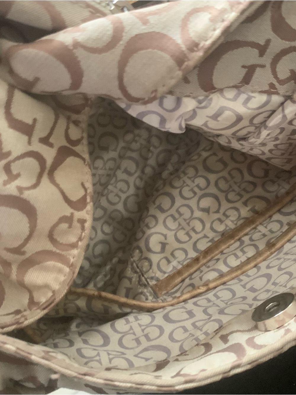Guess Beige Monogram Shoulder Bag with Tan Trim and Silver G Logo - Picture 7 of 7